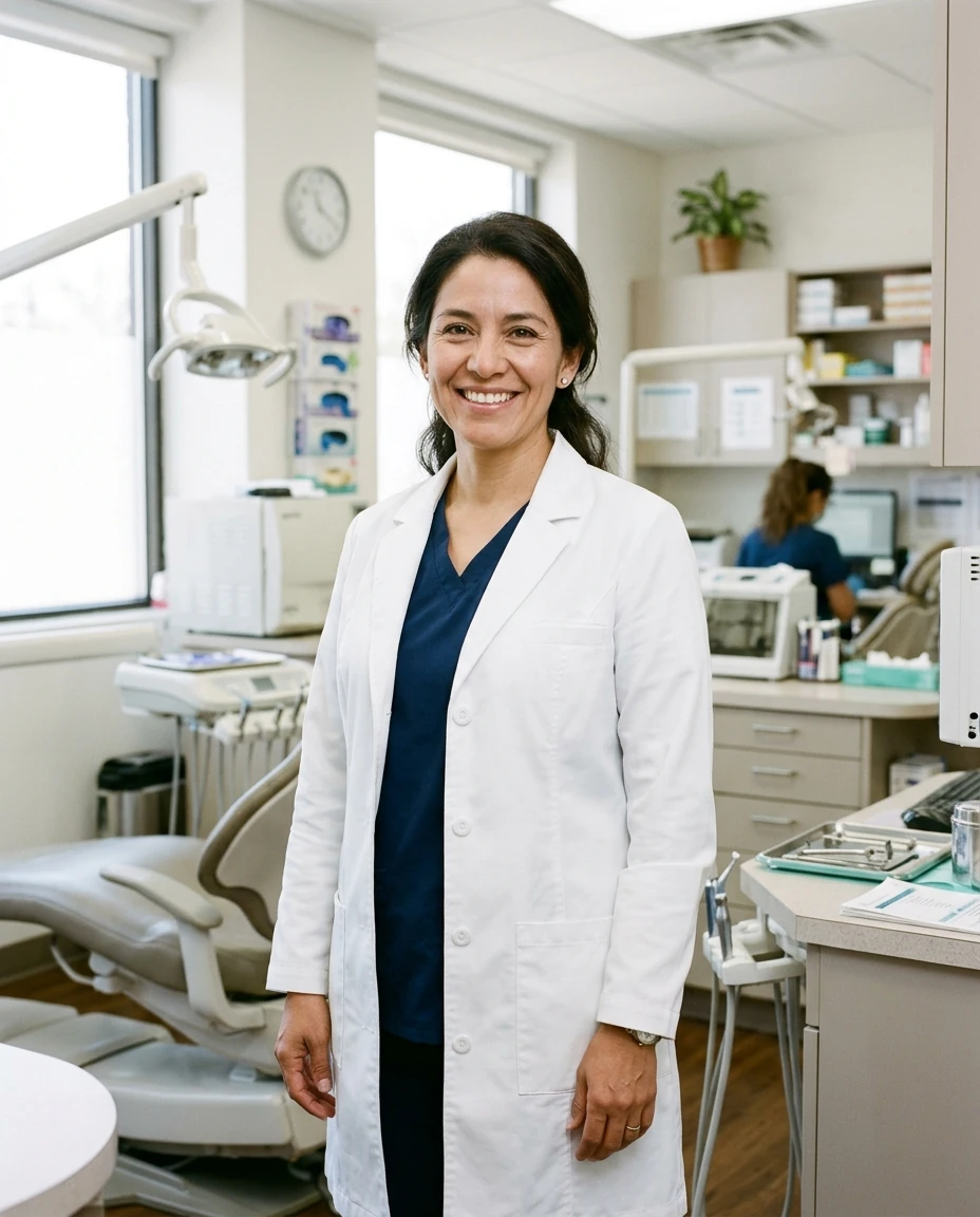 Retrato de la Dra. Laura Medina, odontóloga implantóloga